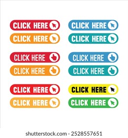 Click Here Button with pointer clicking ,Set for button website design. Click button in white background.
