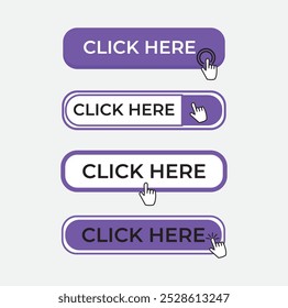 Click Here Button with pointer clicking. Web button set.Vector isolated on white background