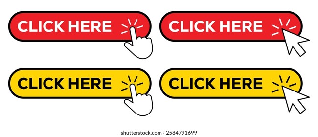 Click Here button with pointer clicking and mouse cursor stick web button set vector on white background