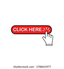 Click here button in red with mouse pointer, hand clicks or hand cursor icon flat on isolated white background. EPS 10 vector.