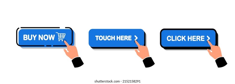 Click Here Button. Set of action buttons website buy or download. Click button. Mouse cursor or Hand pointer. The hand pressed a button for buy or register or links to websites