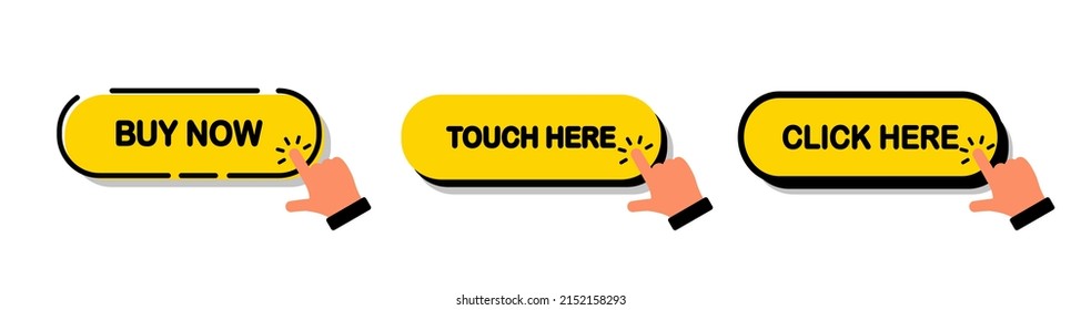 Click Here Button. Set of action buttons website buy or download. Click button. Mouse cursor or Hand pointer. The hand pressed a button for buy or register or links to websites