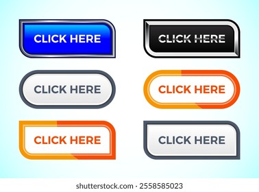 Click here button set of different shapes and colors. Suitable for mobile app, and website UI design.