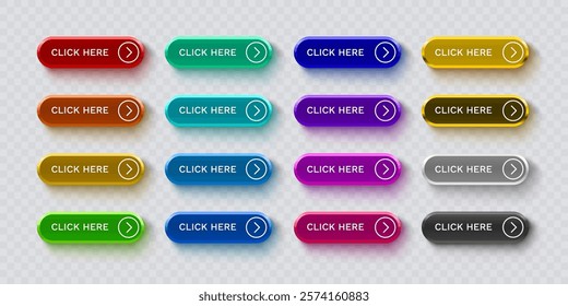 Click here button set, link mouse click, transparent background. Vector illustration 