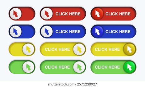 Click Here Button Set: Red, Yellow, Blue, and Green Vector Web Buttons with Arrow Pointer Action. Click here ui button concept. Vector illustration