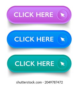 click here button set. click here square 3d push button. Vector illustration