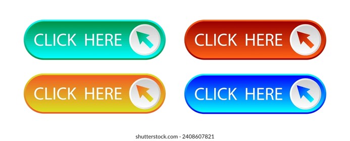 Click Here button set vector. Click here button with arrow pointer clicking. Web button with action of arrow pointer. UI button concept. Vector illustration