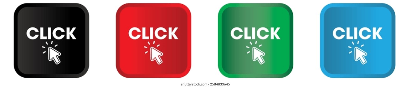 Click Here Button with Click square. Set for button website design. Click button. Modern action button with mouse click symbol. Vector illustration