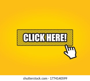 Click here button vector with hand pointer icon on yellow background. Illustration isolated for graphic and web design.
