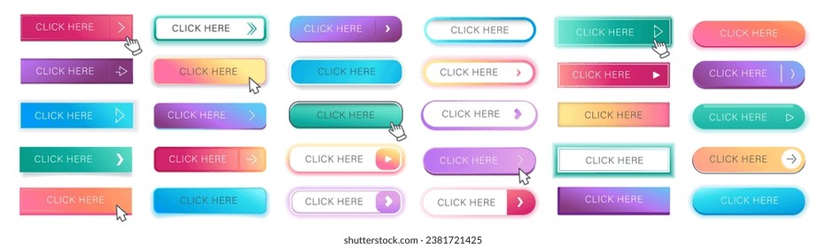 Click here button. Web pointer clicking buttons. Click elements, download, subscribe and follow icons set