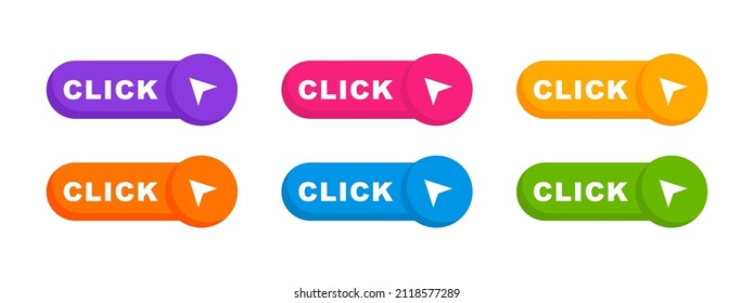 Click here buttons with arrow pointer. Click here button set. Call to action button click here. Modern web buttons. Vector illustration.
