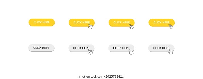 Haga clic aquí en los botones. Plano, amarillo, haga clic aquí con el cursor del ratón, haga clic en los botones. Iconos vectoriales