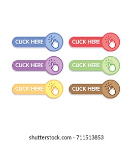 Click here buttons with hand icon. Flat design vector collection.