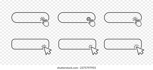 Click here buttons line web icon. Online register bar with mouse cursor and hand pointer clicking. Set for website design. vector