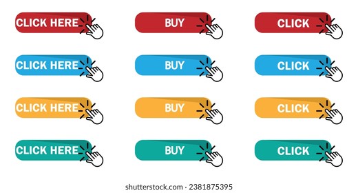 Click Here and buy Button with Click cursor. Set of action buttons website buy or download