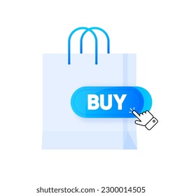 Click here the Buy Now button with a shopping bag. Add to cart. Online shopping. Order online. Vector Illustration.
