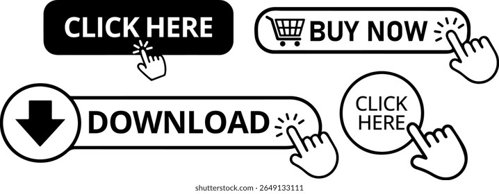 Click Here, Buy Now, and Download Buttons with Hand Cursor Icons