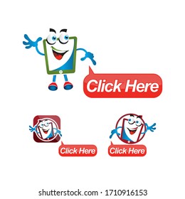 Click here with cartoon icons. Hand cursor signs. Press here symbols. Circle concept web buttons.