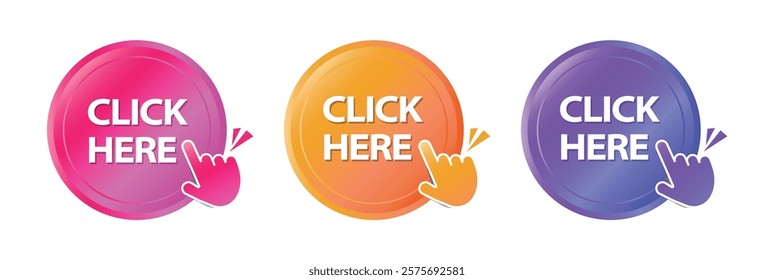 Click here Circle button. Set of 3 Click here button with Hand pointer. Web Banner With Pointer Icon. Vector illustration.