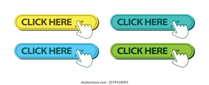 Click here Circle tabs. Set of 4 Click here button with click. Web Banner With Pointer Icon. Vector illustration.	