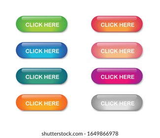 click here colorful button set. icons web isolated on white background. vector illustration.