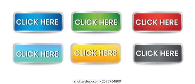 Click here colorful buttons set on white background
