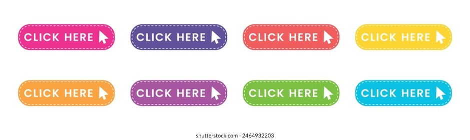Click here colorful set of buttons. web icons isolated on white background. Vector.