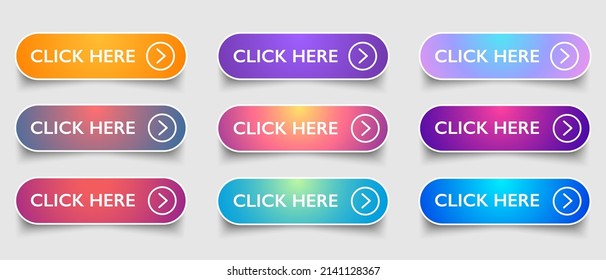 Click Here colourful 3d button set. Vector design