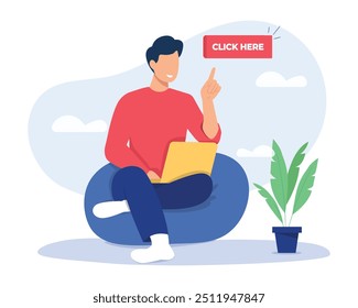Click here concept illustration. Click here, detailed click and collect sign concept flat illustration.