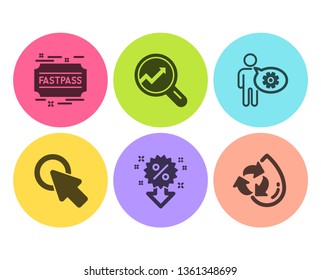 Click here, Discount and Analytics icons simple set. Cogwheel, Fastpass and Recycle water signs. Push button, Sale shopping. Flat click here icon. Circle button. Vector
