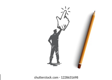 Click here, finger, man, push concept. Hand drawn man choosing, click by mouse concept sketch. Isolated vector illustration.