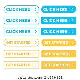 Hacer clic Aquí y Botones Comenzar Vector de estilo de esquema simple. Botón de Web de acción con flecha