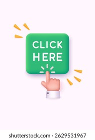Click here green button on white background. Vector 3D digital app object illustration. 
