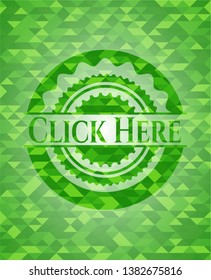 Click Here green emblem with mosaic background. Vector Illustration. Detailed.