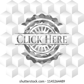 Click Here grey emblem with geometric cube white background