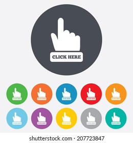 Click here hand sign icon. Press button. Round colourful 11 buttons. Vector