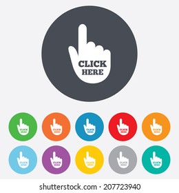 Click here hand sign icon. Press button. Round colourful 11 buttons. Vector