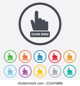 Click here hand sign icon. Press button. Round circle buttons with frame. Vector