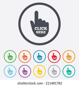 Click here hand sign icon. Press button. Round circle buttons with frame. Vector