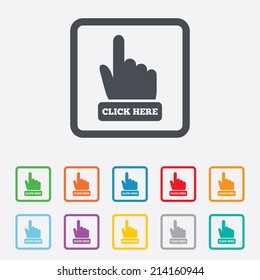 Click here hand sign icon. Press button. Round squares buttons with frame. Vector