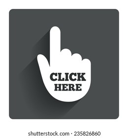 Click here hand sign icon. Press button. Gray flat square button with shadow. Modern UI website navigation. Vector