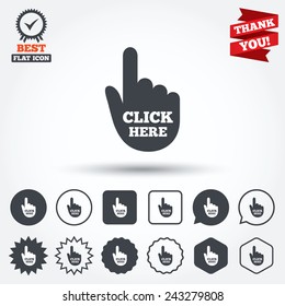 Click here hand sign icon. Press button. Circle, star, speech bubble and square buttons. Award medal with check mark. Thank you ribbon. Vector