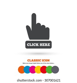 Click here hand sign icon. Press button. Classic flat icon. Colored circles. Vector