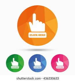 Click here hand sign icon. Press button. Triangular low poly button with flat icon. Vector