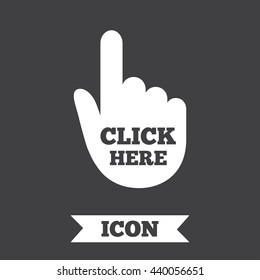 Click here hand sign icon. Press button. Graphic design element. Flat click symbol on dark background. Vector