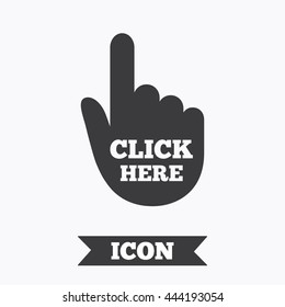 Click here hand sign icon. Press button. Graphic design element. Flat click symbol on white background. Vector