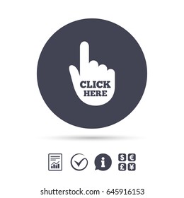 Click here hand sign icon. Press button. Report document, information and check tick icons. Currency exchange. Vector