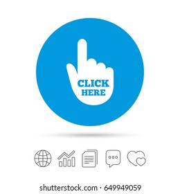 Click here hand sign icon. Press button. Copy files, chat speech bubble and chart web icons. Vector