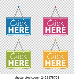 Click Here Hanging Business Signs - Vector Illustrations Isolated On Transparent Background