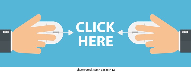 Click here horizontal advertising banner concept. Hands on computer mouse pointing to click here text. Flat style